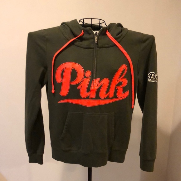 PINK Victoria's Secret Tops - PINK military green hooded sweatshirt size medium